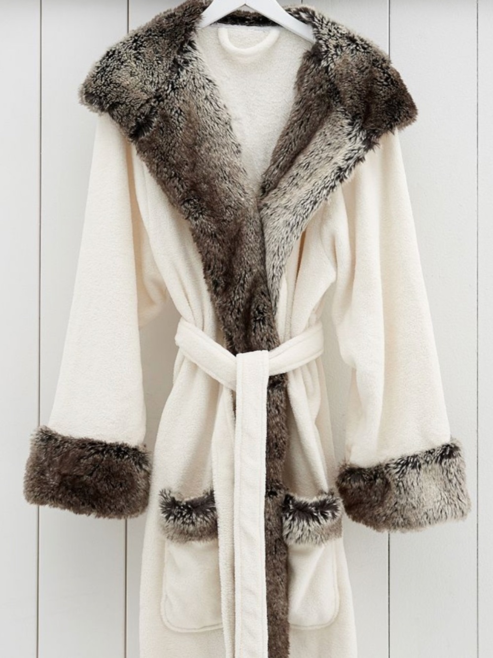 Pottery Barn Cream Robe with Brown Faux-Fur Trim